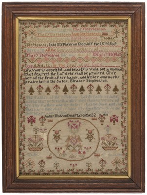Lot 573 - Sampler. An early 19th century needlework by Eleanor Stephenson, Aged 12, 1811, & 3 others
