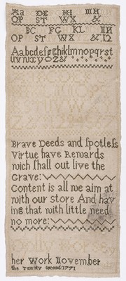 Lot 571 - Sampler. An 18th century sampler by Dolly Horsey, 1771, & one other