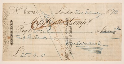 Lot 91 - Dickens (Charles, 1812-1870). Autograph Cheque Signed, 'Charles Dickens', London, 3 February 1870