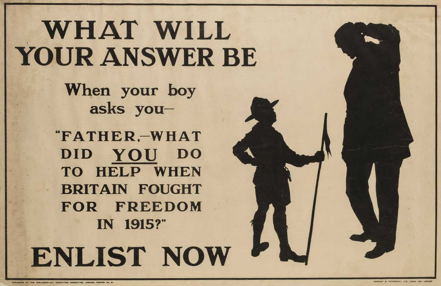 Lot 70 - WW1 recruitment posters. What Will Your Answer Be, 1915