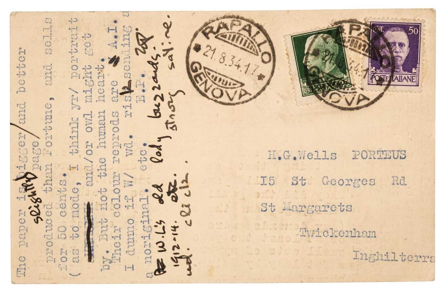 Lot 100 - Pound (Ezra, 1885-1972). Typed Postcard