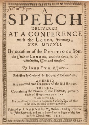 Lot 311 - English Civil War. - Pym (John). A speech delivered at a conference with the Lords..., 1641