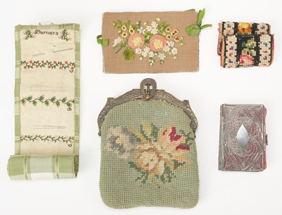 Lot 583 - Sewing. An embroidered needlecase, early 19th century, a silver filigree needlecase, & 1 other