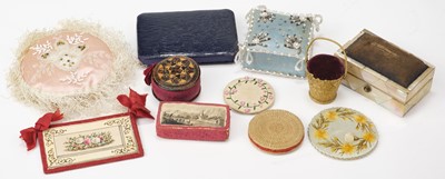 Lot 575 - Sewing. A collection of Georgian and Victorian pincushions, & a miniature pinprick picture