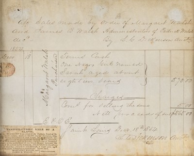 Lot 294 - Slave Bill of Sale. A manuscript bill of sale, St Louis, Missouri, 18 December 1854