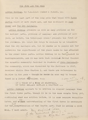 Lot 730 - Eliot (Thomas Stearns). An uncredited 6-page typed review with pencil remarks by Eliot, [1942]