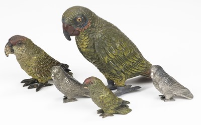 Lot 733 - Parrots. Two Austrian cold-painted bronze parrots, late 19th century and other parrots