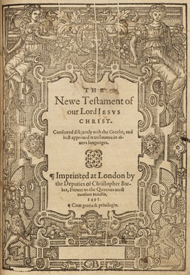 Lot 291 - Bible [English]. [The Bible, translated according to the Ebrew and Greeke..., 1594]