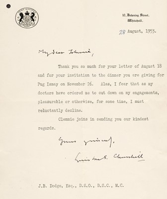 Lot 412 - Churchill (Winston Spencer, 1874-1965). Typed Letter Signed, 10 Downing Street, 28 August 1953