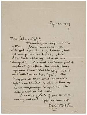 Lot 797 - Tolkien (J. R. R., 1893-1973). Autograph Letter Signed twice, Oxford, 12 September 1957