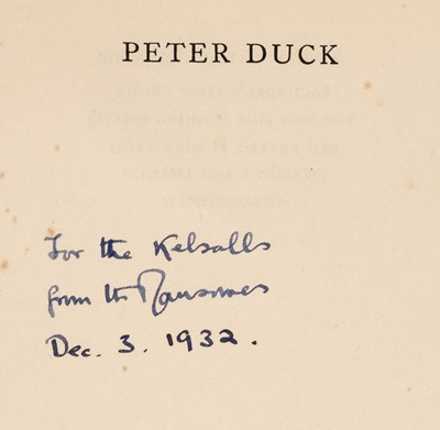 Lot 684 - Ransome (Arthur). Peter Duck, 1st edition, 1931, inscribed