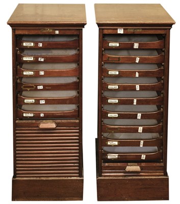 Lot 260 - Collectors' Cabinets. A pair of 1920s walnut tambour front collector's chests