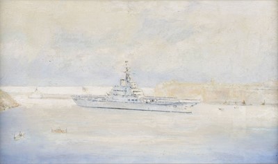 Lot 56 - Moodie (R, Commander). HMS Albion entering Grand Harbour, Malta 1953, oil on board