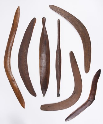 Lot 282 - Tribal Art. A collection of Aboriginal hardwood boomerangs and woomera