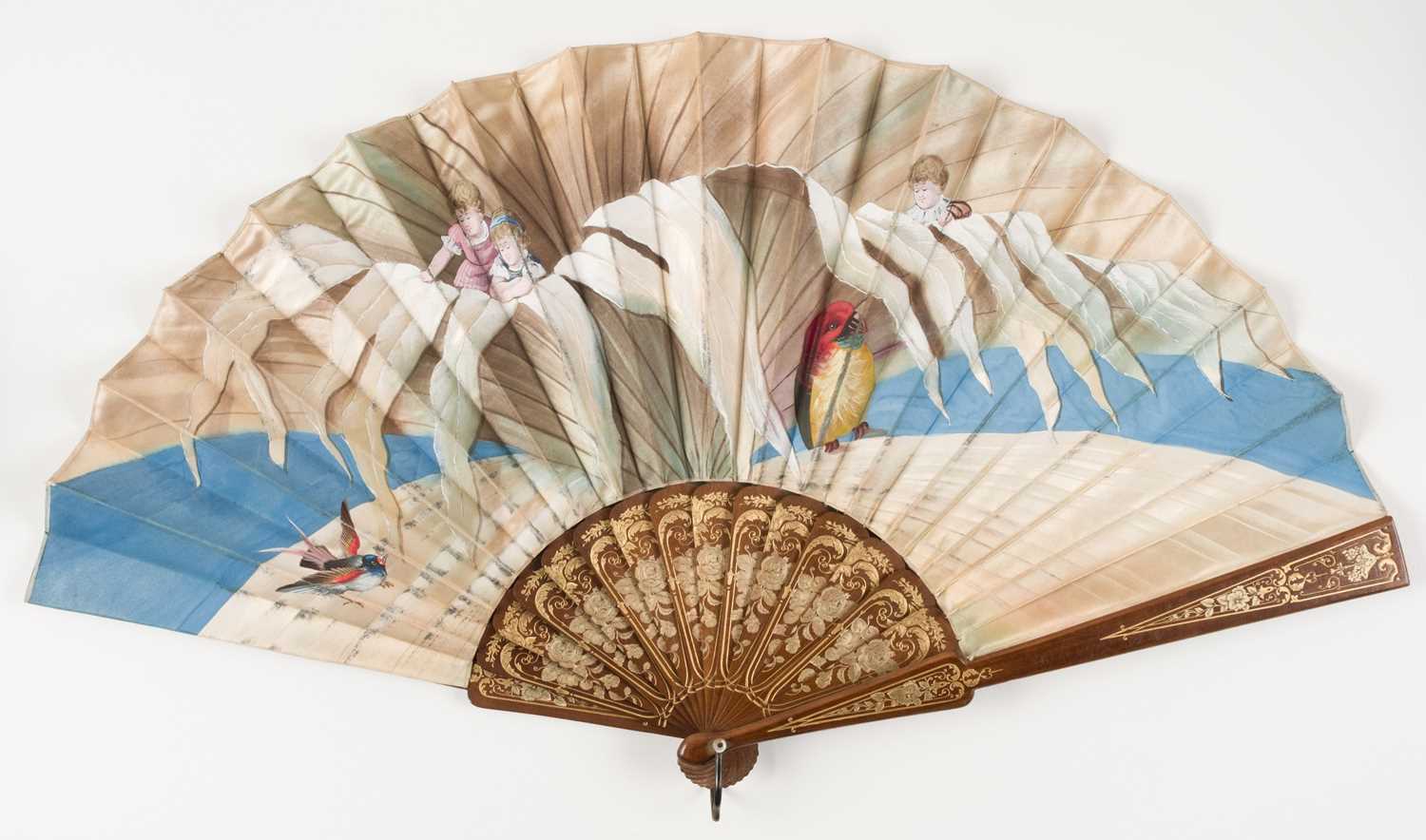 Lot 491 - Decorative Fan. A hand-painted fan depicting children and birds, circa 1870