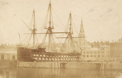 Lot 178 - Warship in Dockyard. Dilute albumen print, c. 1855-60