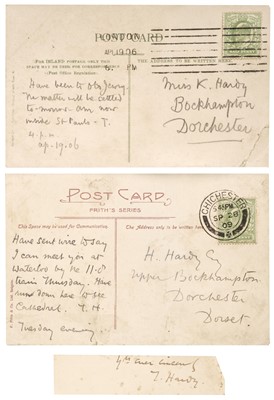 Lot 435 - Hardy (Thomas, 1840-1928). Two postcards signed with initials, 1909/1906
