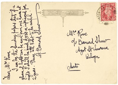 Lot 472 - Shaw (George Bernard). Autograph Postcard Signed, Frinton-on-Sea, 4 September 1939