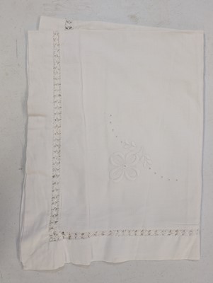 Lot 447 - Household Linen. A hand-worked filet lace and cutwork bedcover, French, circa 1900, & other items