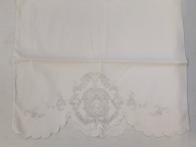 Lot 447 - Household Linen. A hand-worked filet lace and cutwork bedcover, French, circa 1900, & other items