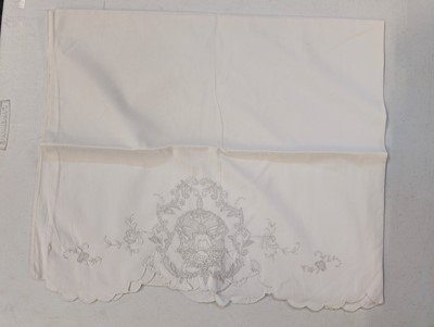 Lot 447 - Household Linen. A hand-worked filet lace and cutwork bedcover, French, circa 1900, & other items