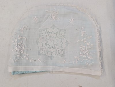 Lot 447 - Household Linen. A hand-worked filet lace and cutwork bedcover, French, circa 1900, & other items