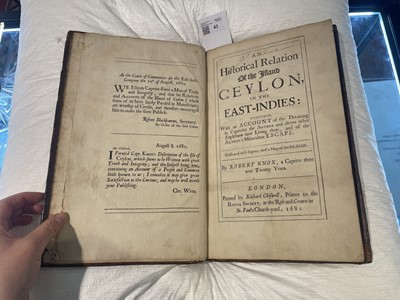 Lot 43 - Knox (Robert). An Historical Relation of the Island Ceylon, in East-Indies, 1st ed, 1681