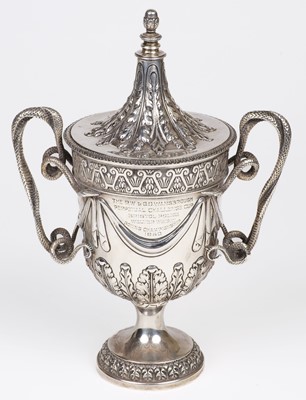 Lot 97 - Boxing Trophy. A George V silver twin handled covered trophy cup by D&J Wellby, London, 1914