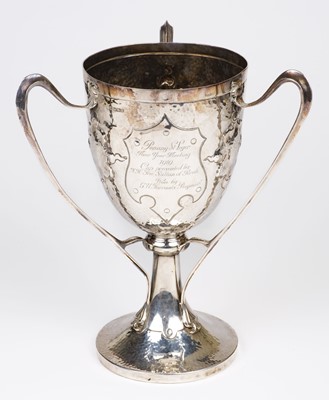 Lot 99 - Trophy Cup. A George V period silver three handled trophy cup by James Deakin & Sons, Sheffield, 1912