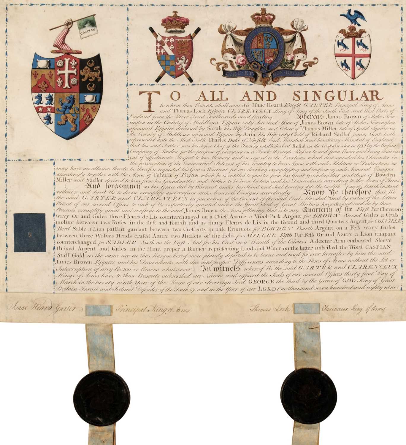 Lot 272 - Grant of Arms. Vellum document signed by two heralds, ‘Isaac Heard’ & ‘Thomas Lock’, 1789...
