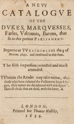 Lot 315 - Walkley (Thomas). A New Catalogue of the Dukes, Marquesses, Earles..., 1644