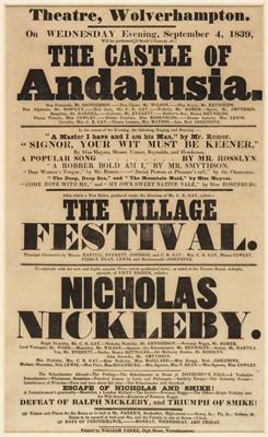 Lot 286 - Nicholas Nickleby. An original broadside playbill, Wolverhampton, September 4, 1839