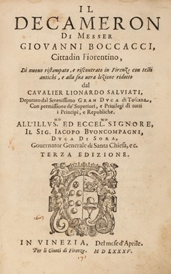 Lot 295 - Boccaccio (Giovanni). Il Decameron..., Di nuoua ristampato, e riscontrato in Firenze, 3rd ed., 1585