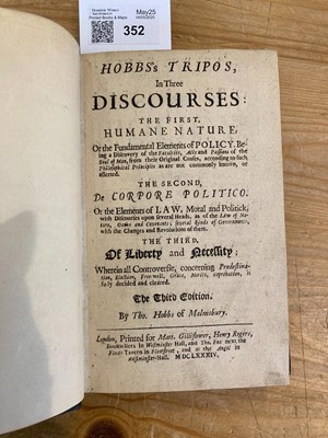 Lot 352 - Hobbes (Thomas). Hobbs's Tripos, in Three Discourses...., 1684