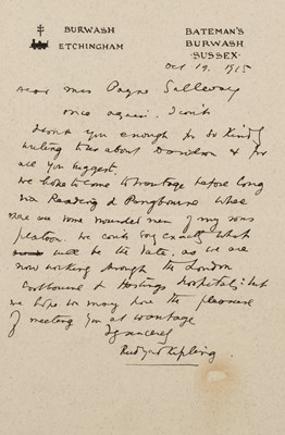 Lot 312 - Kipling Rudyard (1865–1936). Autograph Letter Signed, 19 October 1915