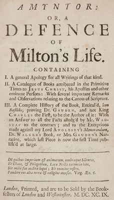 Lot 265 - Toland (John). Amyntor: or, A Defence of Milton's Life..., 1699