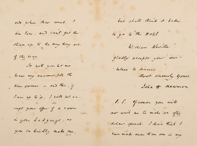 Lot 315 - Newman (John Henry, 1801-1890). Autograph Letter Signed, 'John H. Newman', Birmingham, 2 June 1878