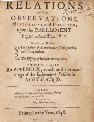 Lot 322 - Walker (Clement). Relations and Observations, Historical and Politick, upon the Parliament..., 1648