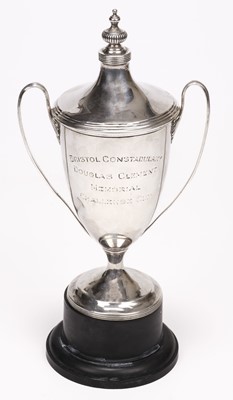 Lot 79 - Trophy Cup. A George V silver twin handled covered trophy cup by Edward Barnard & Sons Ltd, London, 1908