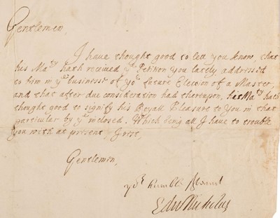 Lot 450 - Nicholas (Edward, 1593-1669), Letter Signed, 'Edw. Nicholas', Whitehall, 1 February 1660/61