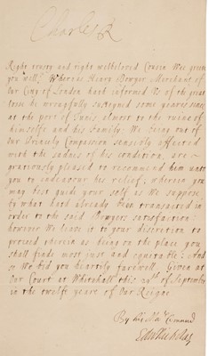 Lot 410 - Charles II (1630-1685). Letter Signed, 'Charles R', Whitehall, 29 September, 1660