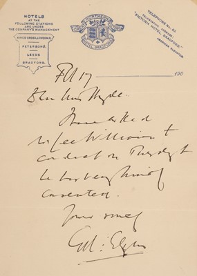 Lot 308 - Elgar (Edward, 1857-1934), English composer. Autograph Letter Signed, Bradford, 17 February 190