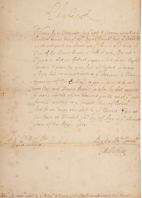Lot 407 - Charles II (1630-1685), King of England, Scotland and Ireland (1660-1685). Letter Signed