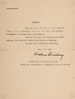 Lot 374 - Quisling (Vidkun, 1887-1945), Norwegian Military Officer, Politician...,Typed Letter Signed