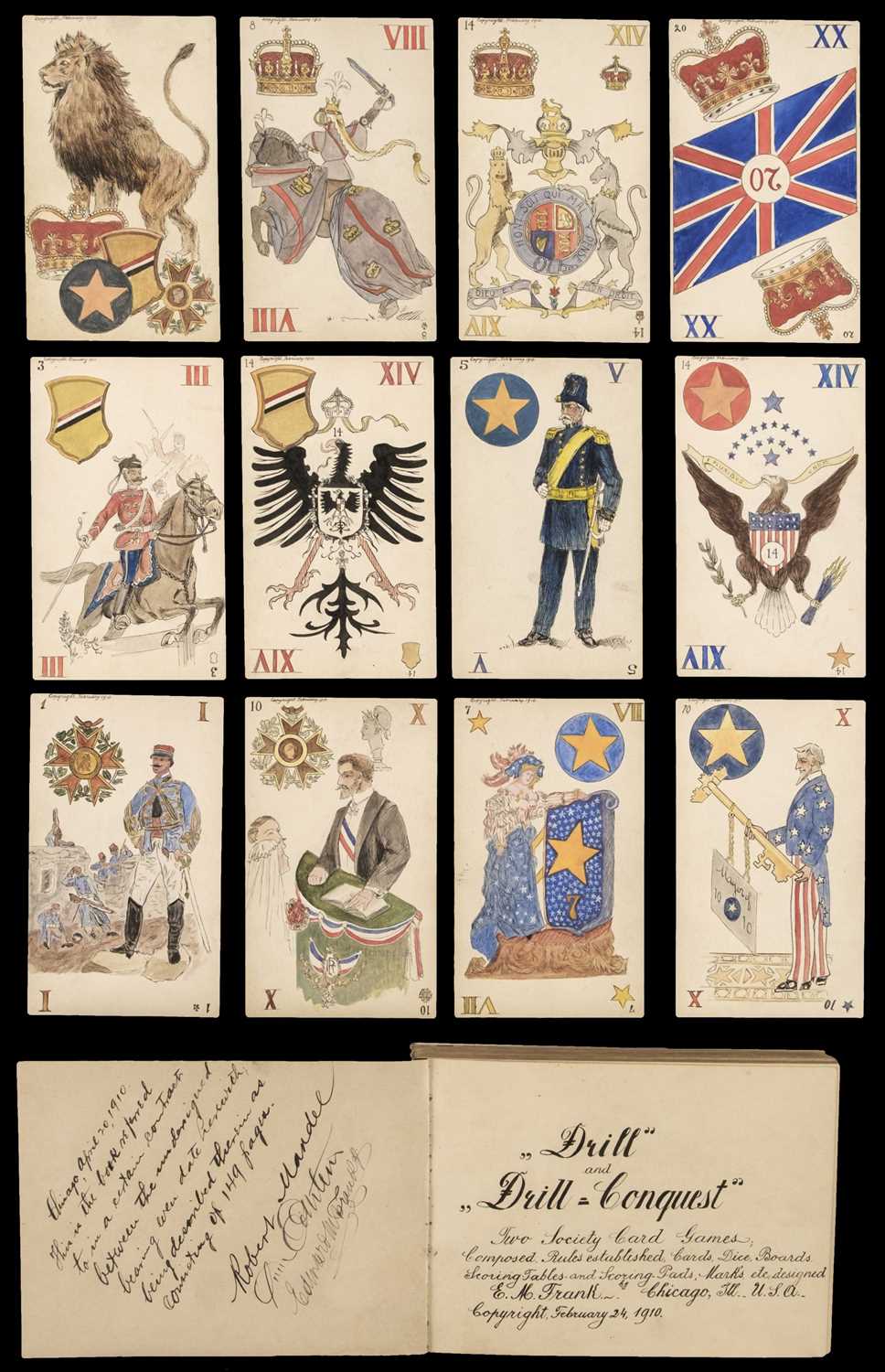 Lot 483 - American manuscript card game. A part-deck of an original card game 'Drill', 1910, & 3 others related