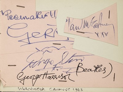 Lot 397 - Beatles. Ink autographs of Paul McCartney, Ringo Starr and George Harrison, 1963