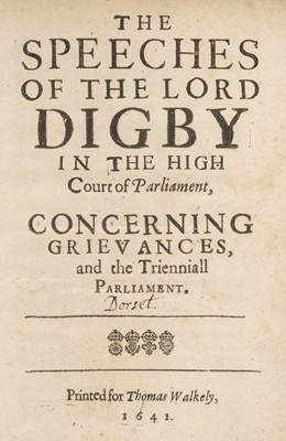 Lot 309 - English Civil War. The Speeches of the Lord Digby in the High Court of Parliament, 1641