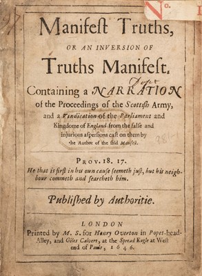 Lot 318 - English Civil War. - [Bowles, Edward]. Manifest Truths, or An Inversion of Truths Manifest, 1646