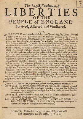 Lot 323 - English Civil War. - Lilburne (John). The Legall Fundamentall Liberties of the People..., 1649
