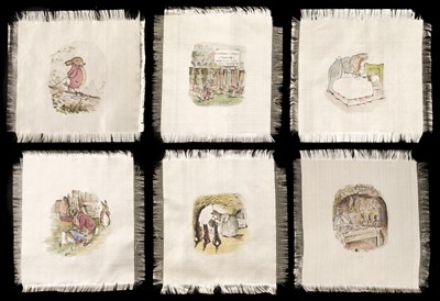 Lot 623 - Potter Beatrix (1866-1943). Six Silk Placemats, Peter Rabbit, Benjamin Bunny, Flopsy Bunnies, early 20th century